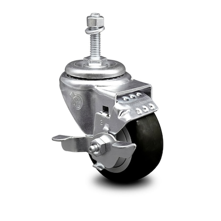 Service Caster 3.5 Inch Black Polyurethane Swivel 10mm Threaded Stem Caster with Brake SCC SCC-TS20S3514-PPUB-BLK-TLB-M1015